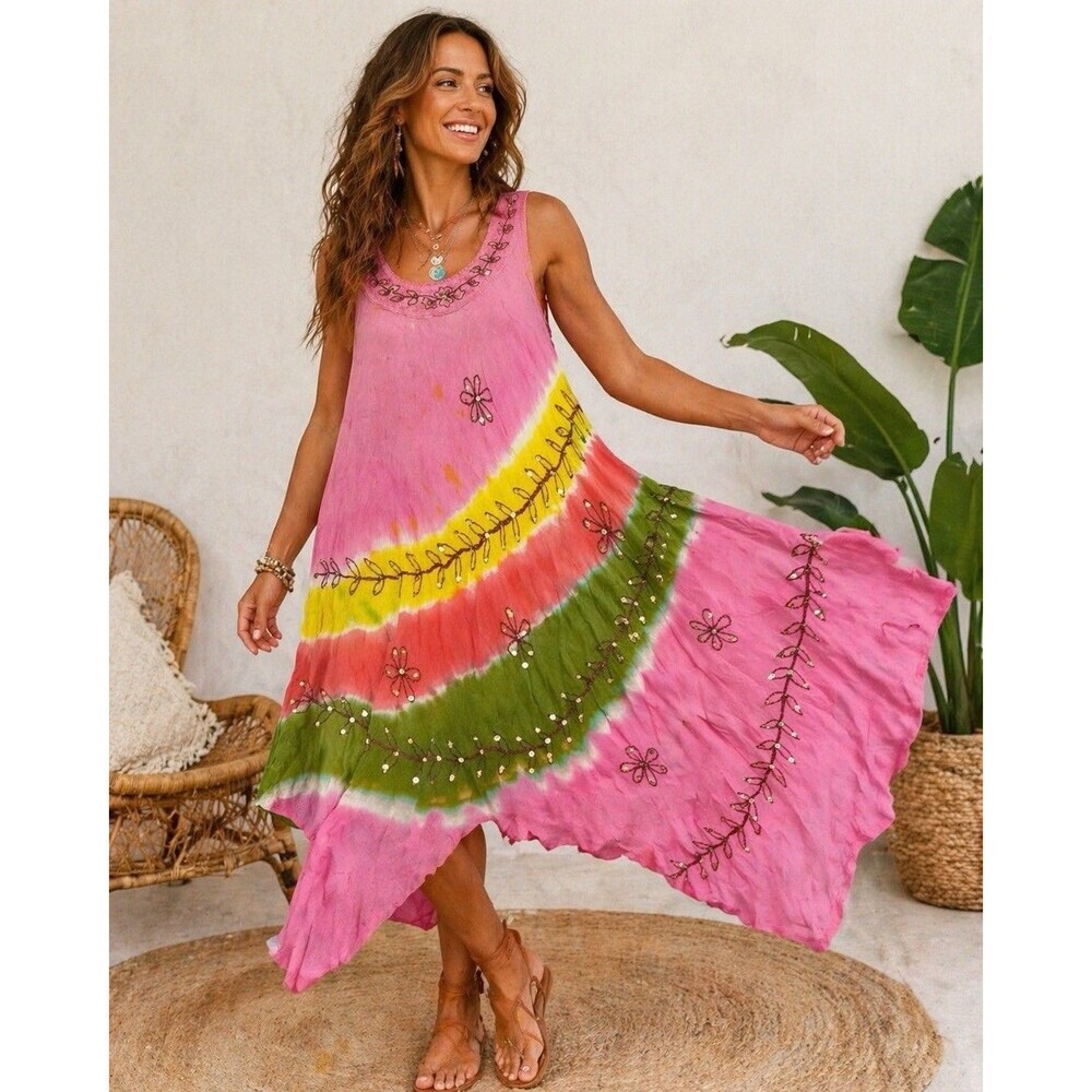 Boho Tie Dye Embroidered Sequin Dress Pink Sleeveless Flowy Tunic Fairy Hippie